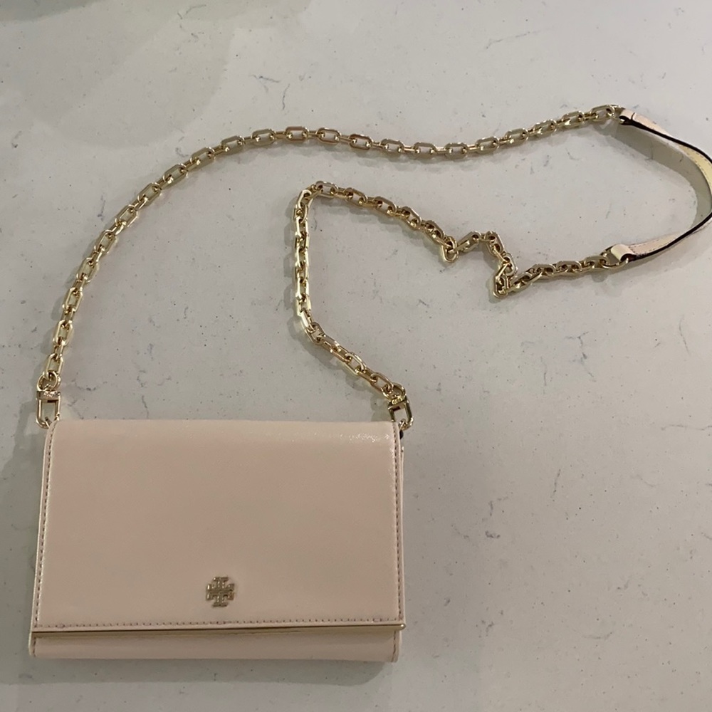 Tory Burch Pale Pink Patent Leather Crossbody with Gold Chain